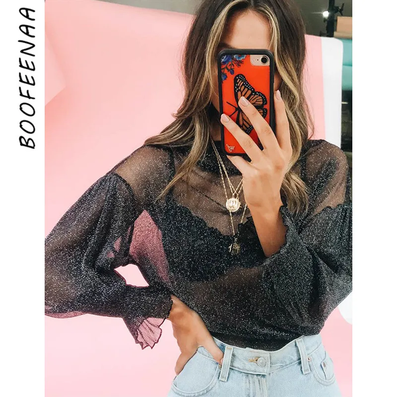 

BOOFEENAA Glitter Lurex Mesh Transparent Sexy Woman Blouses Shirts Fall 2019 High Fashion Sexy Ladies Tops Black C66-G69