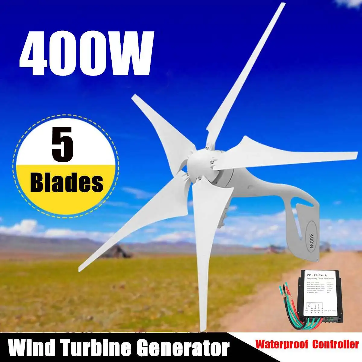 

Wind Turbine 400W Wind Power Generator 5 Blades + DC 12V/24V Waterproof Charge Controller 300/600W Wind Energy Turbine Generator