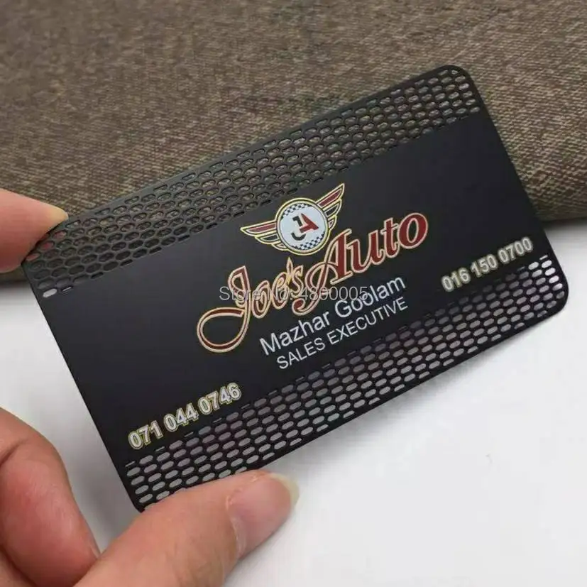 

Black metal card cut out small holes CMYK silk printing colors for business card/invitations