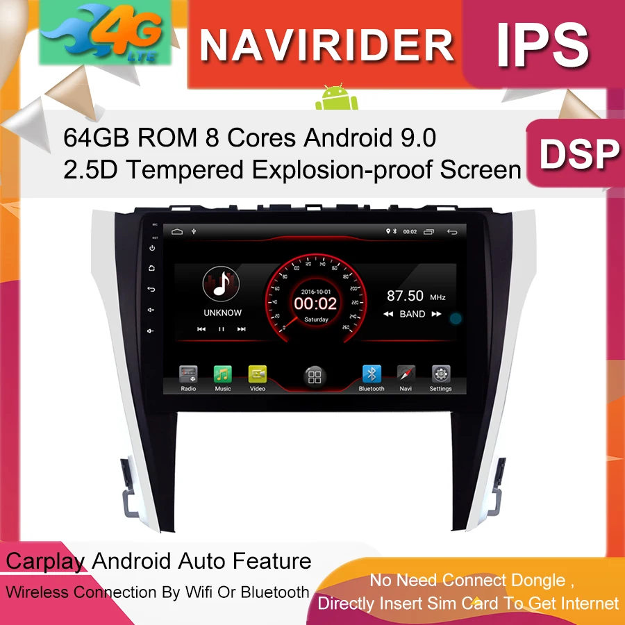 Perfect Car Multimedia Player 10.1inch IPS Screen Monitor GPS tape recorder Bluetooth Android 9.0 For Toyota Camry 2015 2016 Auto Audio 0