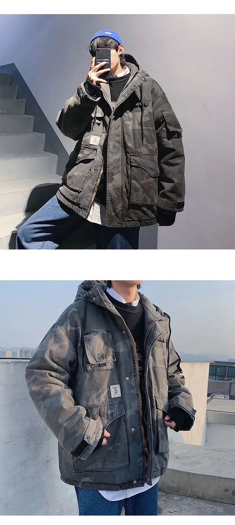 Winter New Camo Jacket Men's Warm Thick Fashion Parka Men Multi-pocket Tooling Jacket Man Wild Loose Cotton Hooded Coat Male
