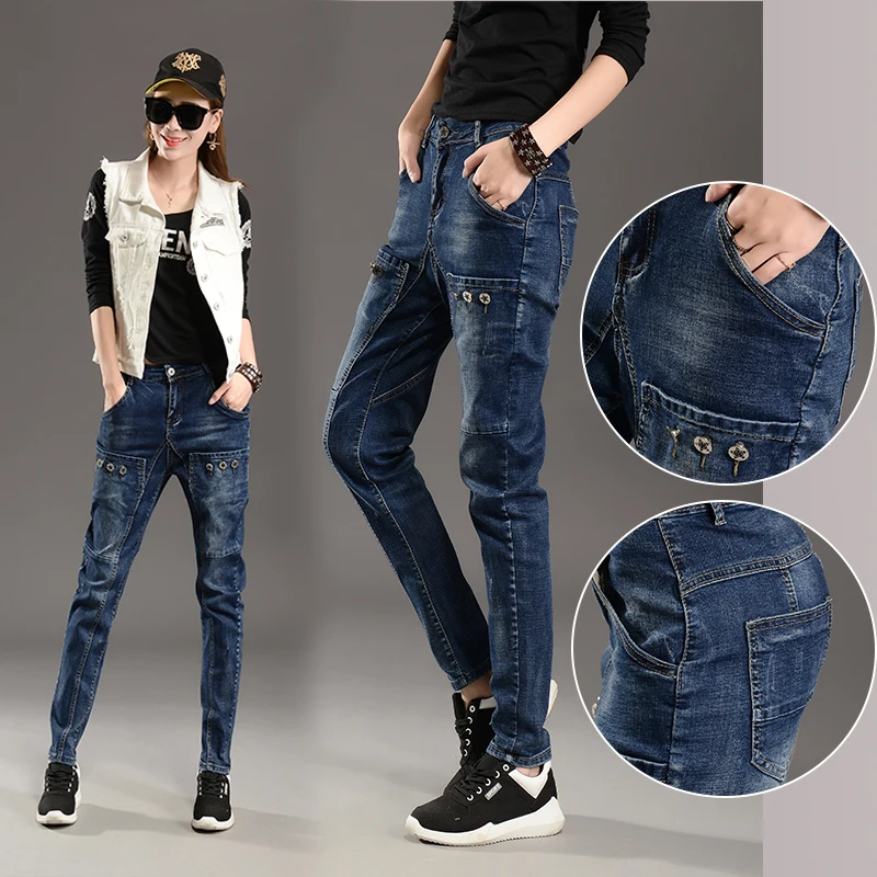 Koop Vrouwen Fleece Warm Denim Harembroek Grote Zakken Jeans Retor Lady boyfriend jeans Loose Casual Hip hop Ineenstorting Harem broek