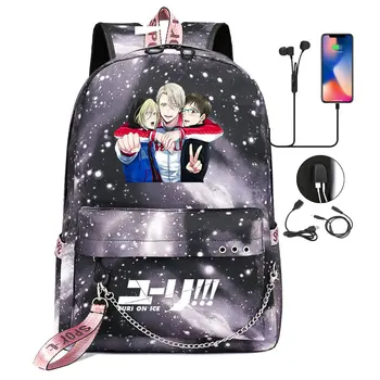 

New Anime Cute Yuri On Ice Prints Boys Girls Kids School bag Women USB Chain Backpack Canvas Men Bagpack Packsack Bookbag