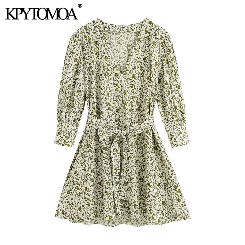 KPYTOMOA Women 2020 Fashion With Belt Printed Mini Dress Vintage V Neck Puff Sleeves Female Dresses Vestidos Mujer KPYTOMOA Women 2020 Fashion With Belt Printed Mini Dress Vintage V Neck Puff Sleeves Female Dresses Vestidos Mujer