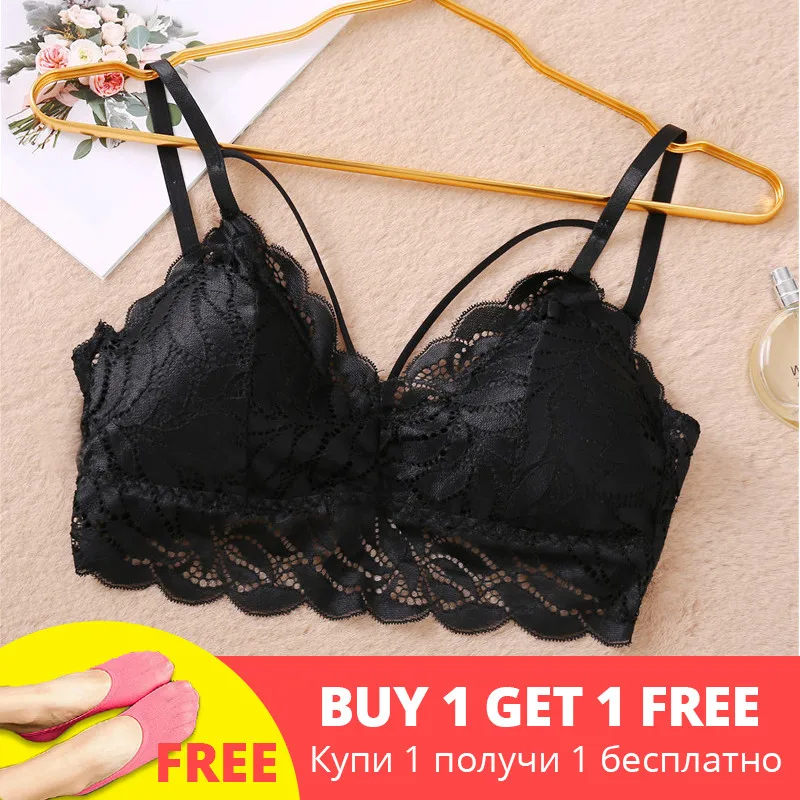 Black free gift Сексуальный кружевной бюстгальтер без косточек с глубоким v-образным вырезом, женские Цветочные Топы без косточек, женское нижнее белье, мягкий бюстгальтер с мягкими чашечками, сексуальные бюстгальтеры, нижнее белье S-XL, 4 цвета, новинка - Цвет: Black free gift