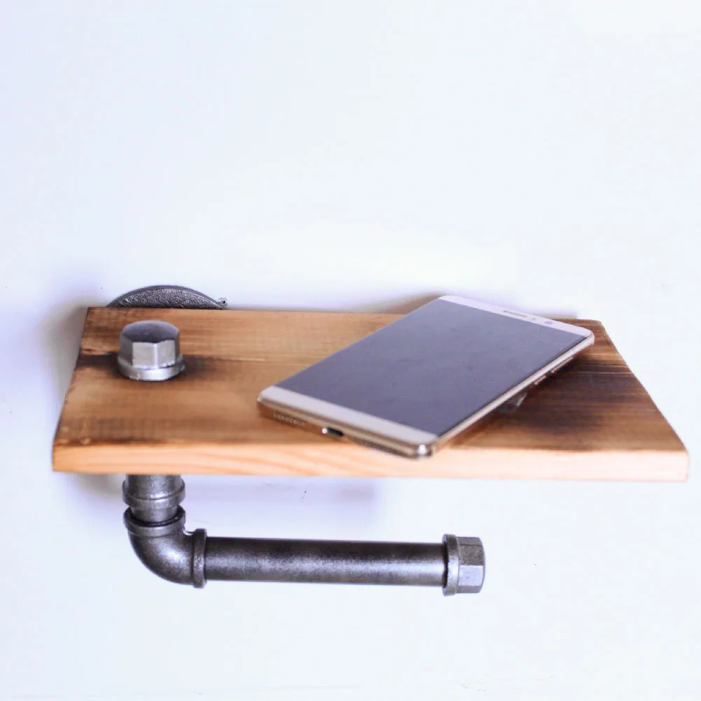 

Bathroom Toilet Washroom Paper Holder Storage Rack 2 In 1 Cast Iron Pipe Home Wooden Shelf Industrial Heavy Duty With Screw