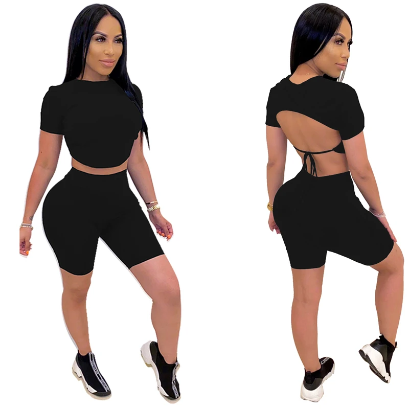 Adogirl Backless Lace Up Solid Two Piece Set 2020 Summer Trendy Short Sleeve T Shirt Crop Top Shorts Women Tracksuit Home Suits