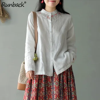 

Runback White Shirts Embroidered Long Sleeve Cotton Linen Stand Collar Vintage Red Plus Size Tops Blouses Buttons Women Clothing