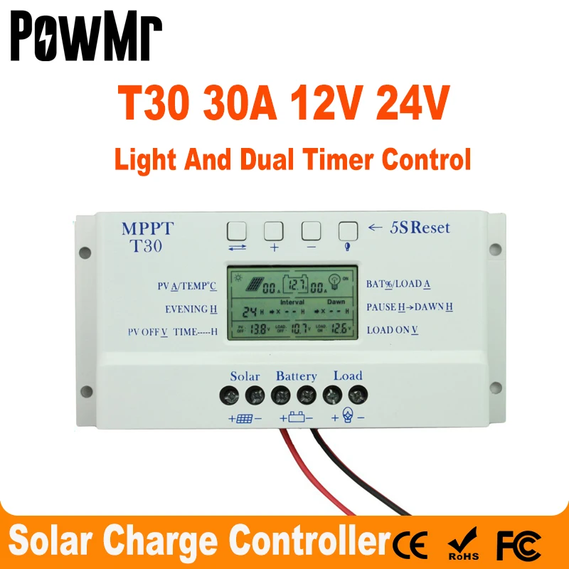 Regolatore Di Carica Solare 30A Mppt Pwm Display Lcd Settabile In Tensione E Doppio Controllo Timer 30A 12V 24V Lavoro Automatico Nuovo