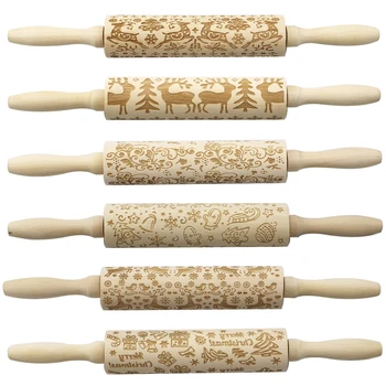 

Christmas Elk Printing Rolling Pin Wood Laser Engraving Embossing Roller Making Cake Pie Noodles Cookie Dough Wooden Sticks