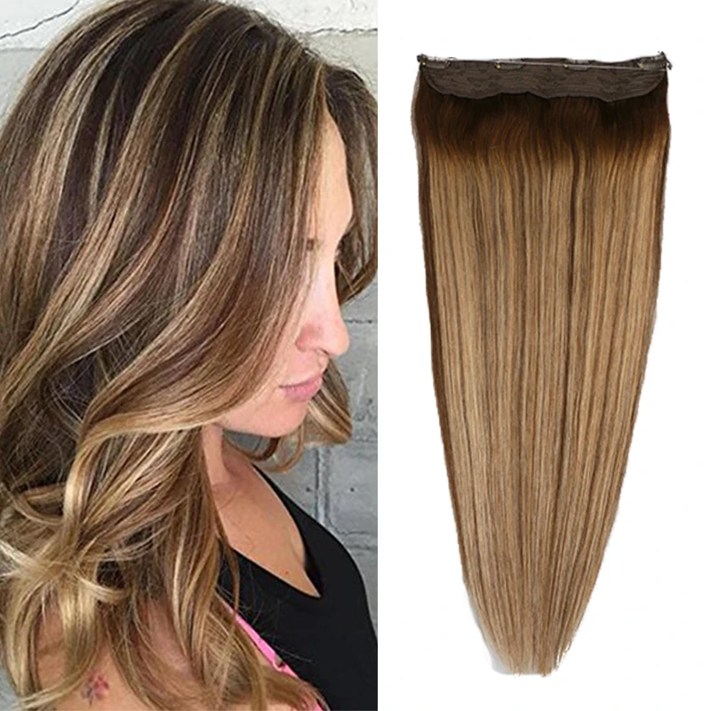 

Toysww Remi Human Hair Halo Extensions Real Hair Piece With Invisible Fish Wire Ombre Chocolate Brown to Caramel Blonde 70 85g