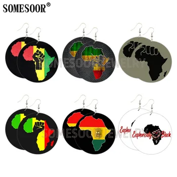 

SOMESOOR Black Power Fist African Map Art Designs Printed Wooden Drop Earrings Big Wood Loops Dangle Jewelry For Women Gifts