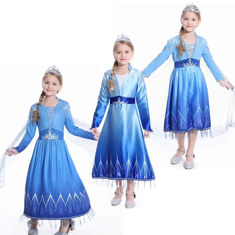 New Elsa Dresses For Girls Blue Princess Costumes Tulle Trailing Hollow Back Fall Gradient Color Outfits Kids Party Sets | Детская
