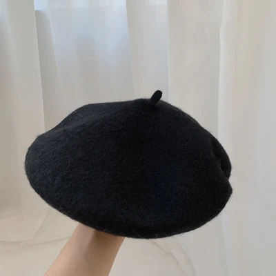 Luna&Dolphin Women 90%Wool Mushroom Rimi Blue Berets Autumn Winter Deep Eaves Knitting Artist Cap Painter Beanie Hat Sweet Color black
