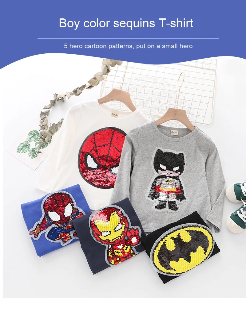 Футболка с пайетками и супергероями для маленьких мальчиков; детская футболка с длинными рукавами на весну-осень с изображением Капитана Америки, Бэтмена, Человека-паука, Железного человека