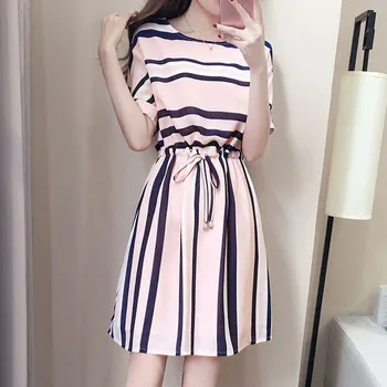 

Korean Style Women Summer Dress Female Dress O-neck Slim Mini A-line Dresses Short Sleeve Women Casual Stripe Dress