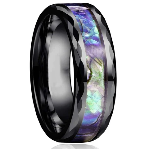 Men Thin Blue Line Black Stainless steel Ring Koa Wood And Abalone Shell Inlay Red Meteorite Ring Arrow Men Wedding Band