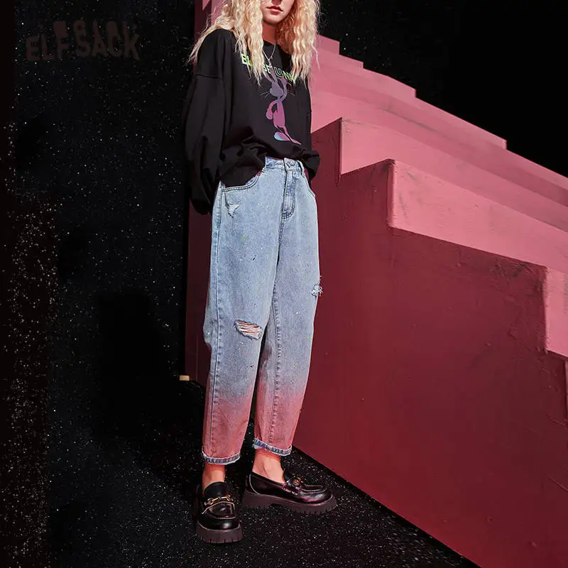 ELFSACK Pink Gradient High Waist Washed Casual Women Denim Jeans,2020 Autumn ELF Ripped Hole Korean Female Daily Basic Trousers ELFSACK Pink Gradient High Waist Washed Casual Women Denim Jeans,2020 Autumn ELF Ripped Hole Korean Female Daily Basic Trousers