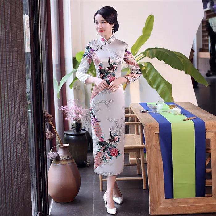 Сексуальное Фиолетовое Женское атласное Повседневное платье, летнее новое длинное китайское платье Ципао с цветочным принтом, Размеры s m l xl XXL 3XL 0162 - Цвет: Long Sleeve 2