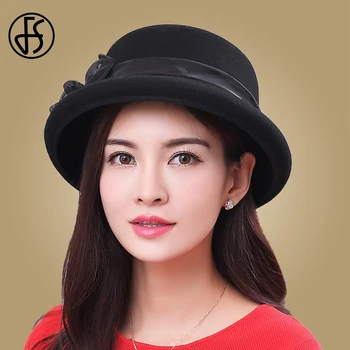 

FS Vintage Felt Church Hats For Black Wool Wide Brim Fedora Women Fashion Veil Blue Cloche Ladies Bowler Caps Elegant