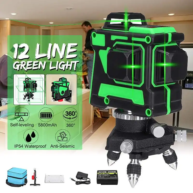 

12 Lines 3D Green Laser Level Self-Leveling 360 Degre Horizontal And Vertical Cross Lines Green Laser Line With Tripod Battery
