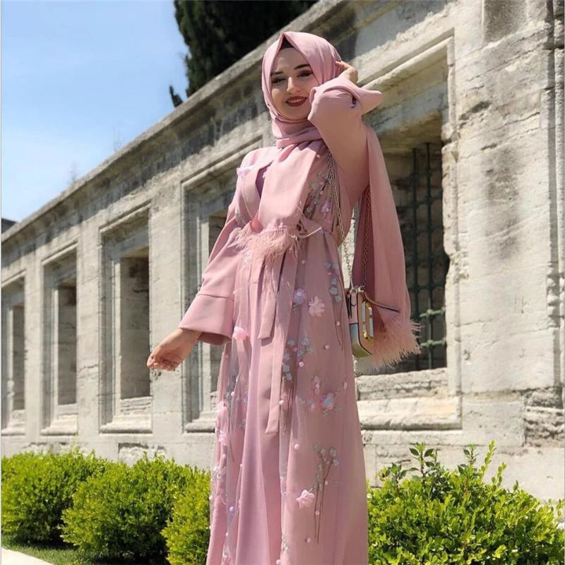 Цветочная вышивка caftan Турция abaya женское jilbabs платье с открытым передом abayas для исламских дам длинный халат