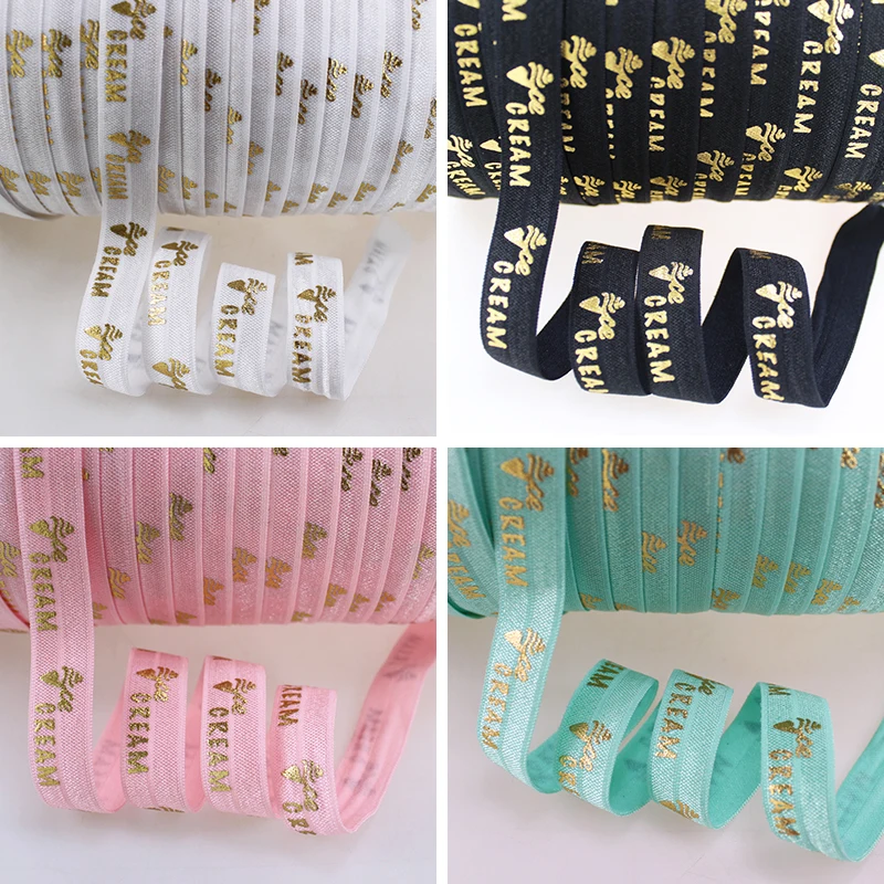 

5/8" 15mm Gold Foil Ice Cream Printed FOE Fold Over Elastic Ribbon 50Yards