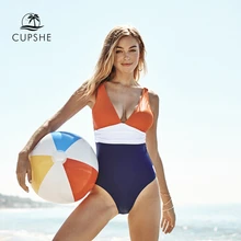 CUPSHE, оранжевый, белый и темно-синий Цельный купальник с рюшами, сексуальный женский монокини с v-образным вырезом,, пляжные купальники для девочек