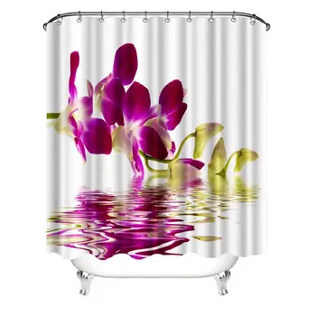 

Flower Shower Curtain,Orchids with Mirroring Features in Water Aromatic Bouquet Floral Plant Concept, Polyester Fabric Bathroom