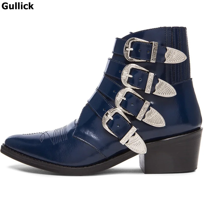 

Gullick Hot Selling Women Black/ Blue Leather Four Riband Buckle Motorcycle Boots 4cm heel cool Ankle Outside Shoes
