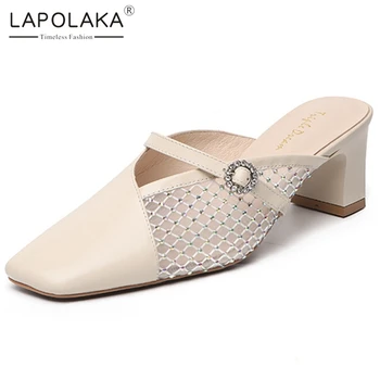 

Lapolaka 2020 Hot Fashion Genuine Cow Leather Square Heels Summer Shoes Woman Pumps Mules Slip-On Crystal Pumps Mules
