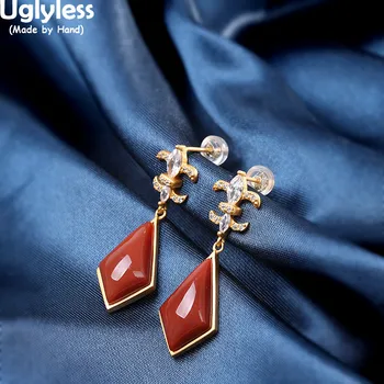 

Uglyless Minimalism Rhombus Agate Earrings for Women Shinning Zircons Brincos Bijoux Square Gemstones Jewelry 925 Silver Earring