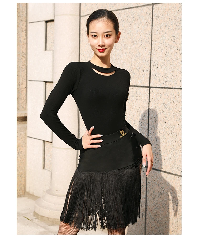 New Latin Dance Leopard Skirt Women Black Fringe Skirt Competition Tassel Costume Cha Cha Rumba Samba Dance Dress Latin BL2884