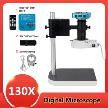 

130X Mount Lens Digital Microscope For Soldering Microscope For PCB Repair Microscope Camera 56 LED Ring Light HDMI VGA 1080P