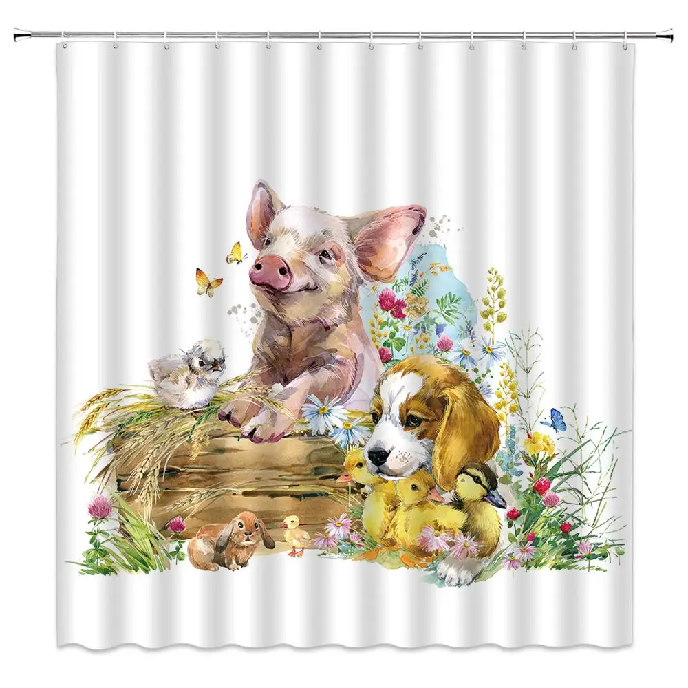 

Farm Animal Shower Curtain Country Style Dog Pig Rabbit Kid Bathroom Flower Plant Butterfly Cute Livestock Farmhouse Pattern