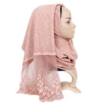 

200x70cm Women Floral Lace Trim Embroidery Scarf Muslim Hijab Solid Color Imitation Pearl Long Shawl Beaded Islamic Head Wrap