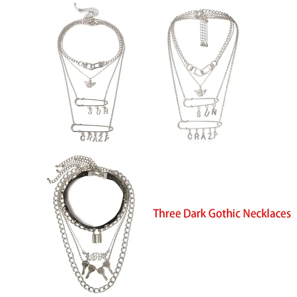 Lacteo Dark Gothic Big Lock Key Angel Pendant Necklace Punk Hip Hop Three Style Choker Necklace Jewelry for Men and Women Gift