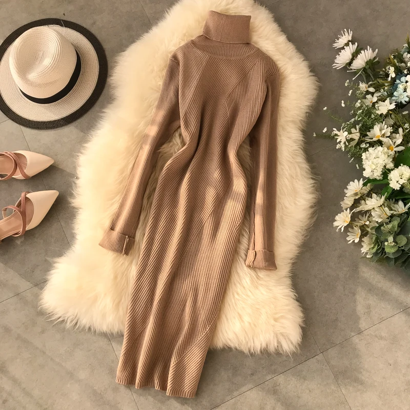 Cena Jesienno zimowa damska sukienka z golfem z dzianiny sweter z długim rękawem prążkowana sukienka bodycon powyżej kolana Casual sukienki damskie