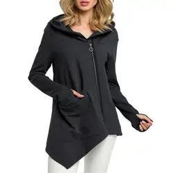 Женская темпераментная свободная толстовка на молнии, однотонная куртка с длинным рукавом и карманом, с воротником, необычная