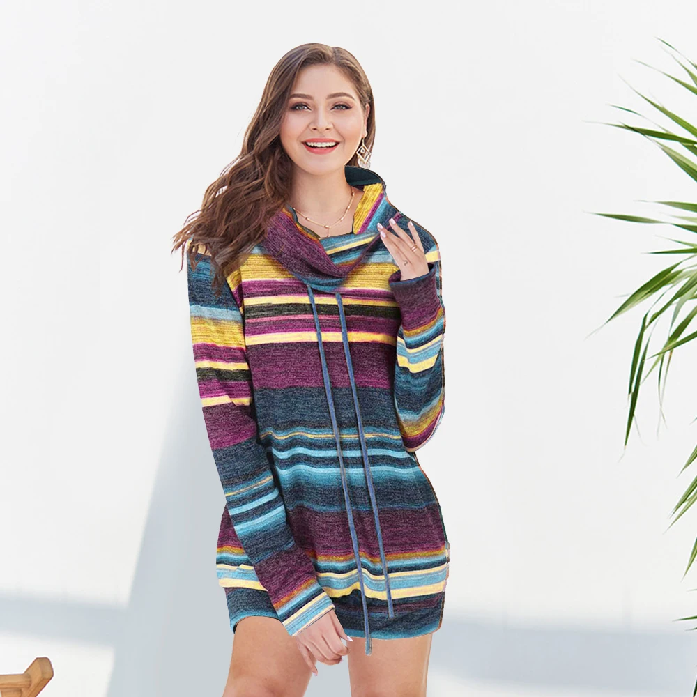 Wipalo Drawstring Collar Striped Knitwear Women Sweater Casual Cowl Neck Long Sleeve Pullover Sweaters Ladies Tops Fall Jumpers | Женская