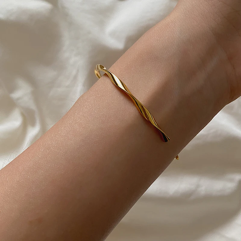 Peri'sbox Gold Color Wave Shape Twisted Bangles Thin Geometric Bangles for women Minimalist Open Bangles Adjustable 2020 Jewelry - Image 2