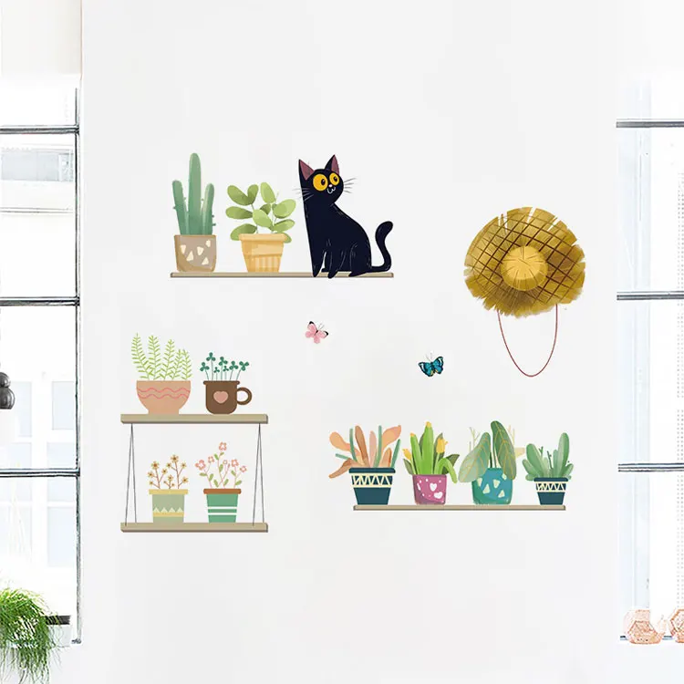 Cute Kitten flower pot wall stickers living room bedroom home wall decoration art mural stickers combination removable wallpaper
