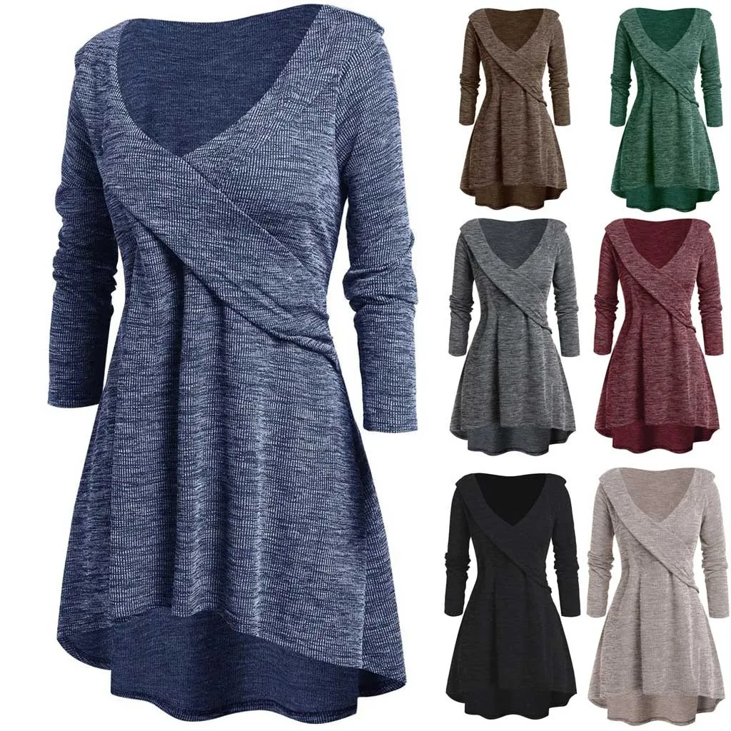 

Autumn Winter Knitted Sweater Dress Women Elegant Long Sleeve V Neck Cross Elastic Waist A Line Sexy Dress 2019 Plus Size L-5xl