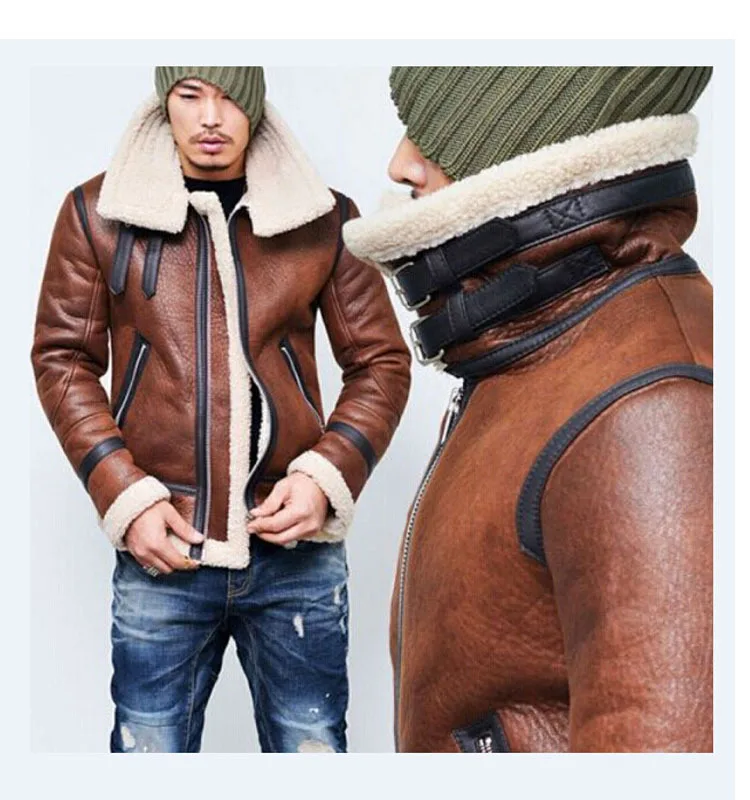 

Winter Men Leather Fur Coat Jacket Slim Faux Leather Motorcycle PU Faur Jacket Long-sleeve Winter Outerwear Coats