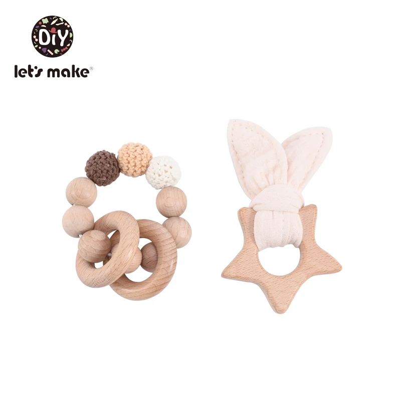 beige set Детское Зубное кольцо от компании Let's Make; зубное кольцо из Вязаные бусы из бука, хлопковый комплект из 2 шт./компл. браслет деревянный против грызунов нового дизайна кольцо без латекса банные халаты в виде животных для маленьких игрушки для режущихся зубов - Цвет: beige set