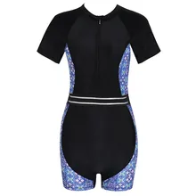 Новинка, Печатный Спортивный Цельный купальник с коротким рукавом, женский купальник на молнии размера плюс, женский купальник с шортами, купальный костюм