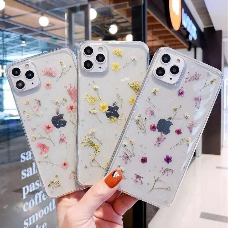 Прозрачный чехол с блестками Real Dry Flower для iPhone 12 11 Pro Max прозрачные чехлы XS X XR 8 7 Plus