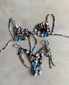 Image of Bandage Bikinis  Mujer Sexy Bikini Halter Swimwear Female Bandeau Swimsuit Women Leaves Print Biuqini Sexy Bathing Suit New