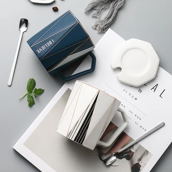 

Lid Spoon Ceramic Coffee Mugs Travel Creative Unique Couple Mug Reusable Minimalist Taza Mezcladora Nordic Mug Stirring KK60MK