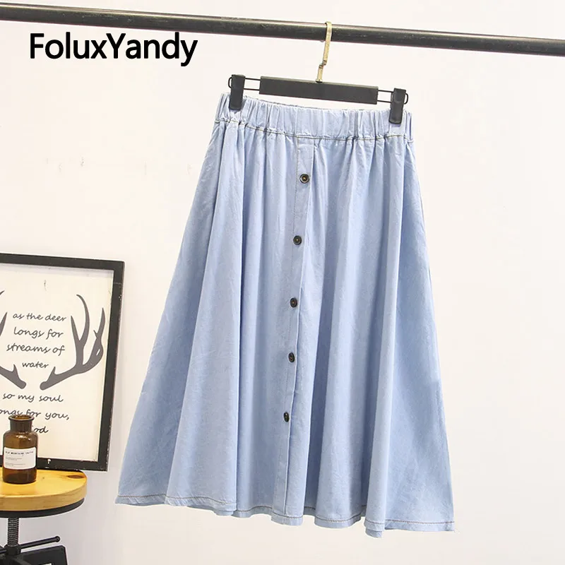 

Denim Skirts Women Casual Elastic Waist Loose Single Breasted Plus Size Midi A-line Skirt KKFY4411